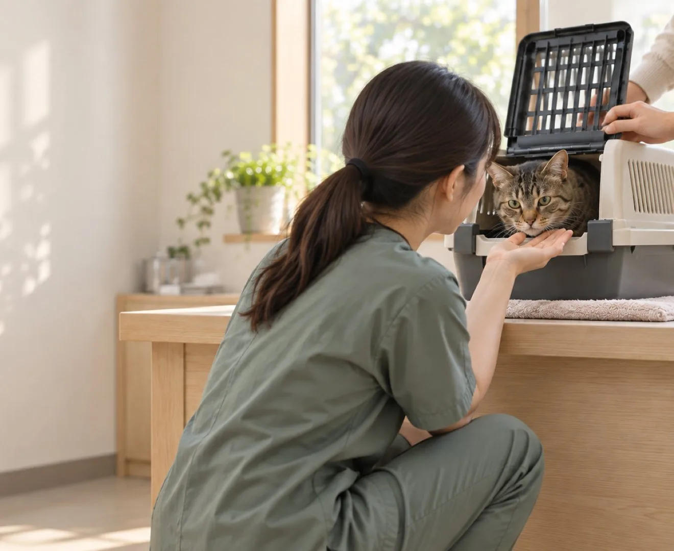 日の入る診察室で、キャリーから顔を出す猫に、低くしゃがんだ獣医師が手のひらを差し出している（イメージ・見本）