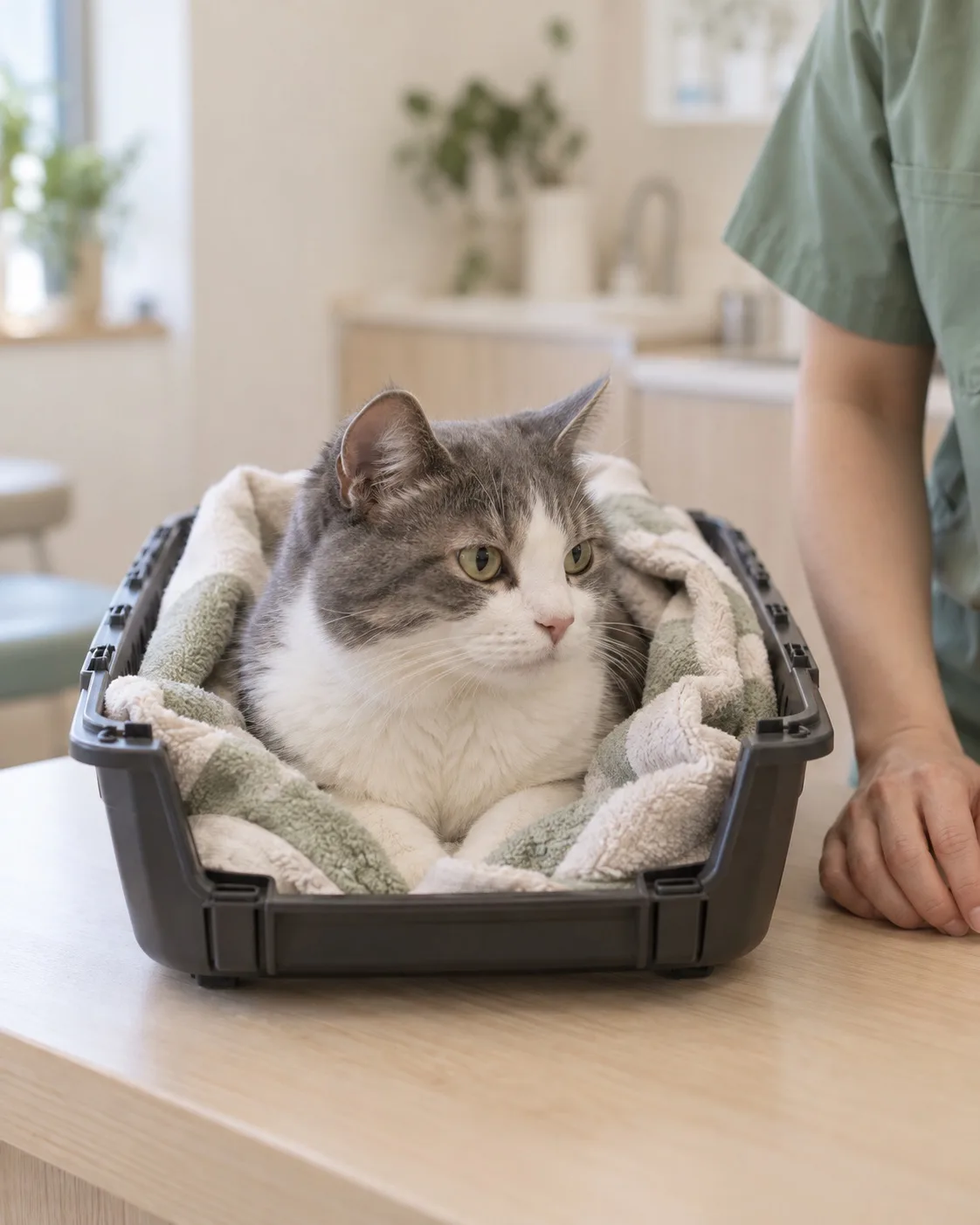 キャリーの下半分に入ったまま、タオルの上で落ち着いている猫（イメージ・見本）