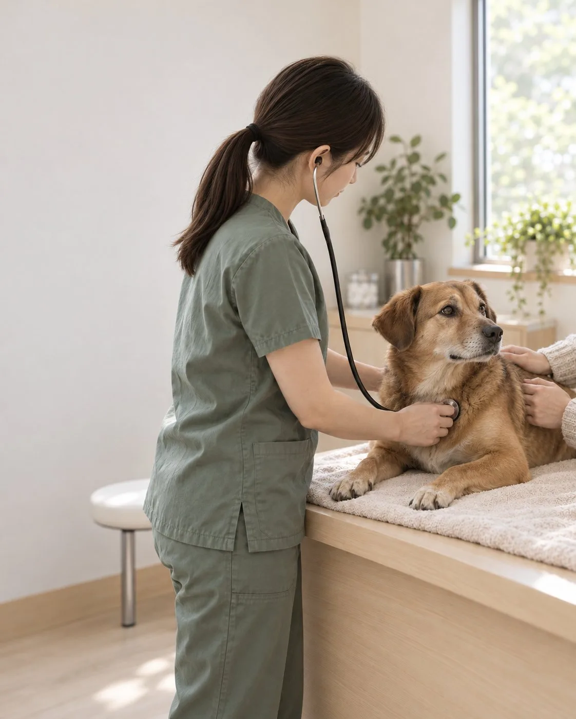 診察台に伏せた犬に聴診器を当てる獣医師の横顔。飼い主の手が犬の背中に添えられている（イメージ・見本）